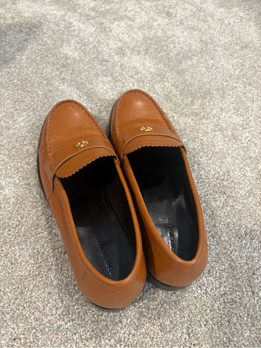 Women’s Tory Burch Tan Leather Penny Loafers with Gold Accent - Picture 2 of 4